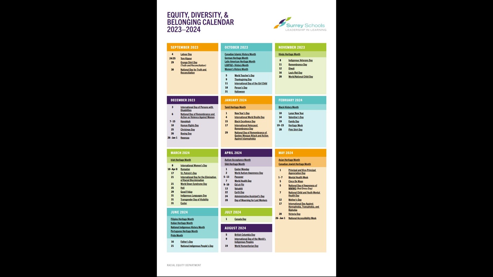 Equity, Diversity and Belonging Calendar (2023/24)